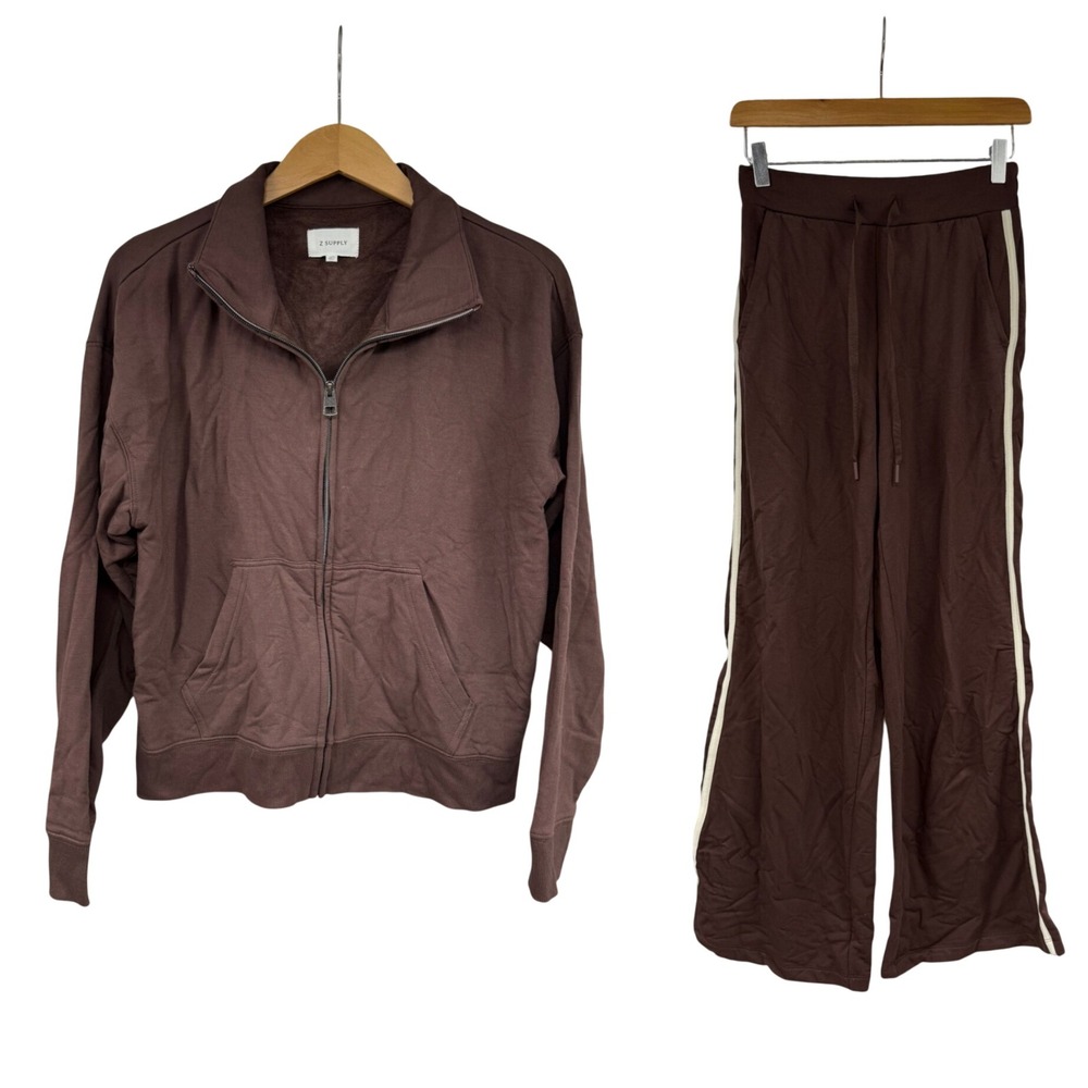Z Supply Womens‎ Brown Tracksuit Set Full Zip Hoodie Wide Leg Pants Soft XS